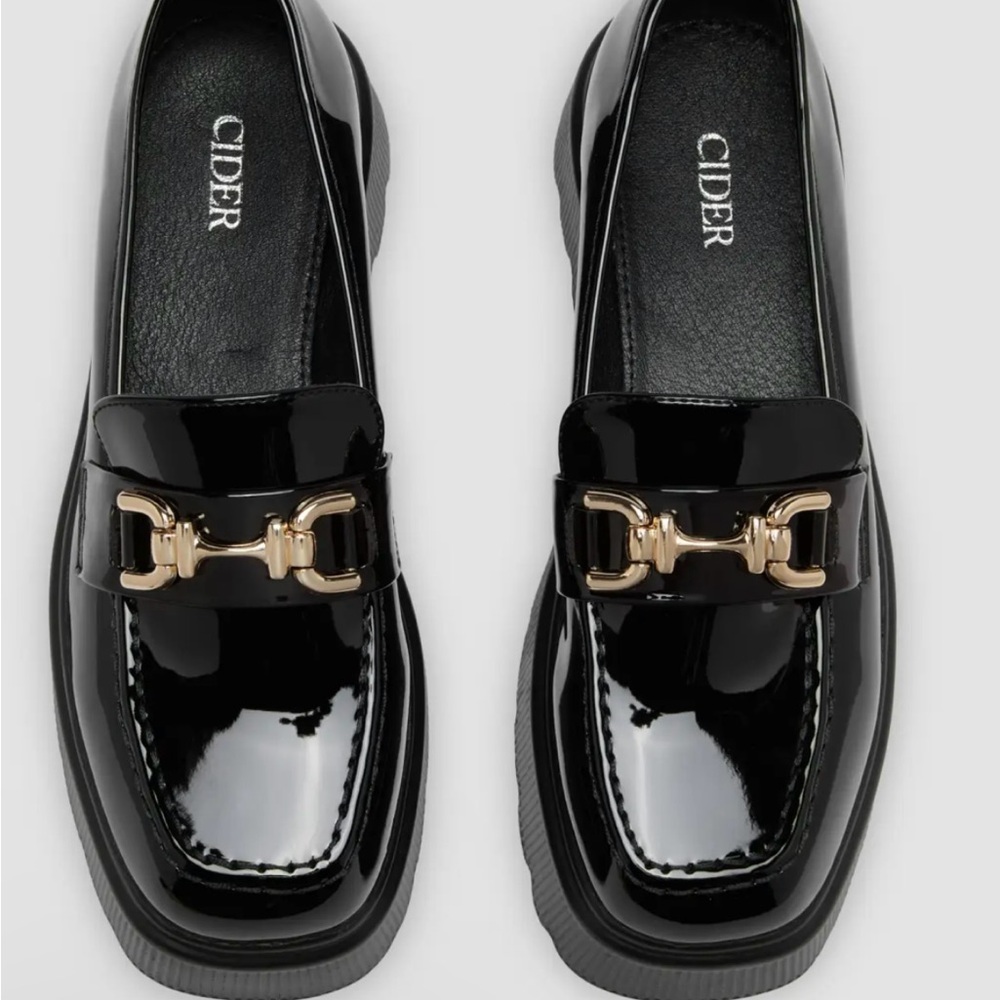Cider Glossy Black Loafers with Gold Detail